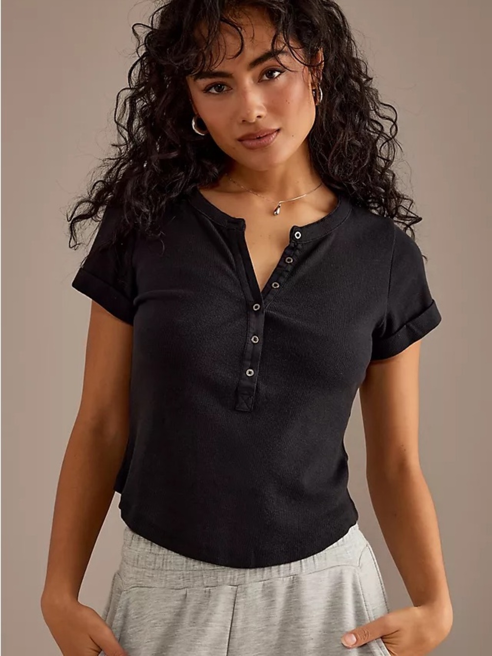 Anthropologie The Andie Ribbed Henley Top by Pilcro: Short-Sleeve Edition